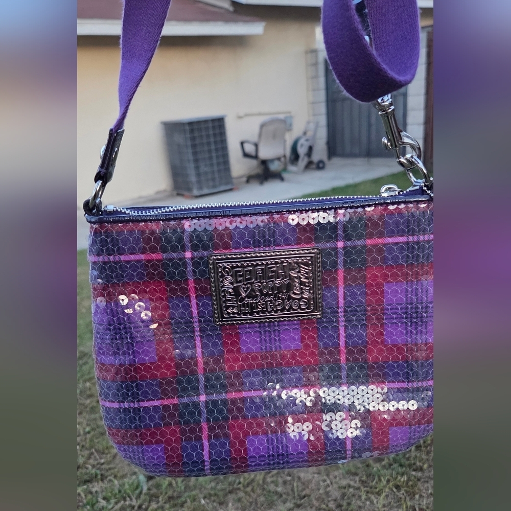 COACH POPPY, PURPLE PLAID SEQUIN- EUC - Picture 9 of 9